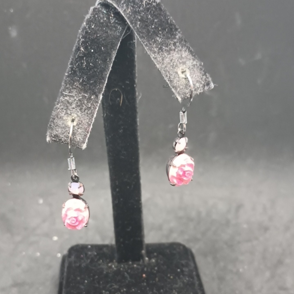 Hand Crafted Pink Rose Dangle Earrings